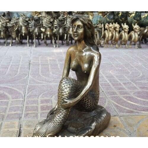 Hinese handwork Folk Fengshui Bronze copper beauty fish mermaid Statue