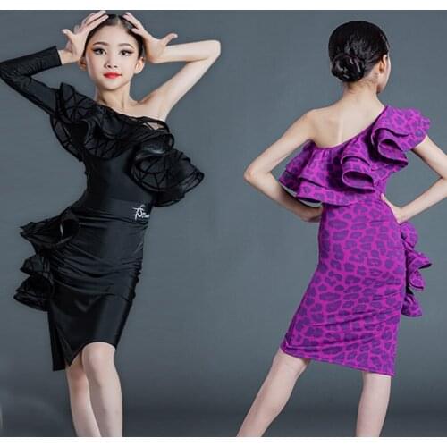 Single-Sleeved Ruffled Latin Dance Costume Girls Latin Tops Ruffled Skirts Split Suit Kids Stage Ballroom Dacne Clothing SL5254