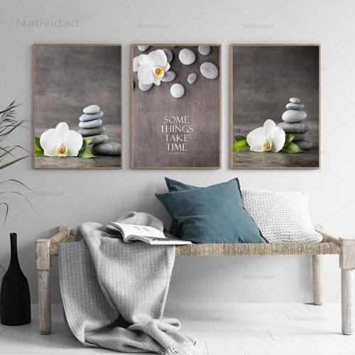 Beautiful White Orchid Flower Wall Art Canvas Painting Zen Stone Nordic Posters and Prints Wall Pictures for Living Room Decor