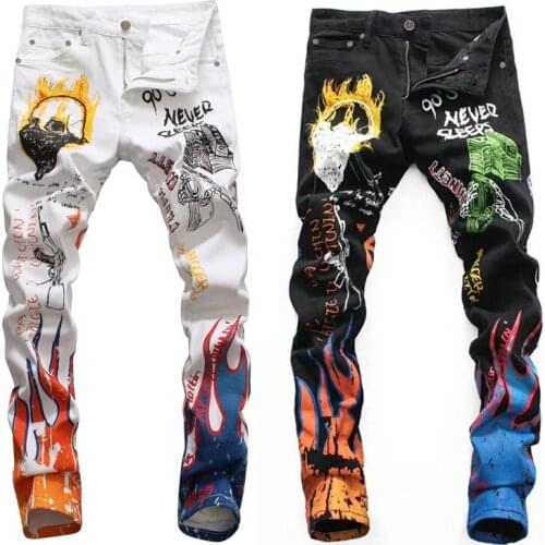 American Street Style Fashion Men Jeans White Black Slim Fit Designer Printed Jeans Men Elastic Punk Pants Hip Hop Jeans Homme