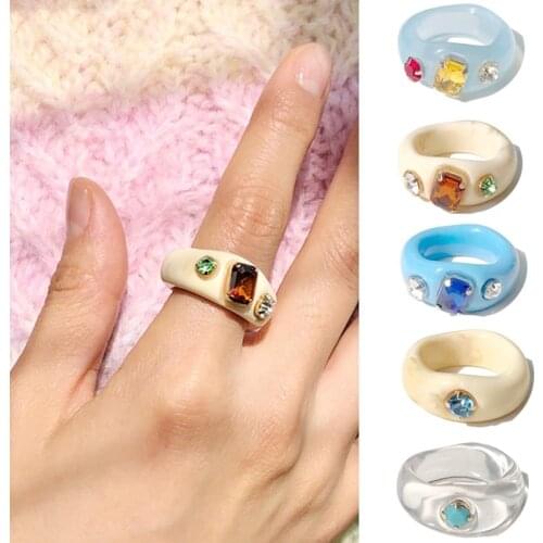 Fashion Transparent Resin Acrylic Rings Ins Summer For Women Korean Creative Geometric Irregular Crystal Rhinestone Jewelry Ring