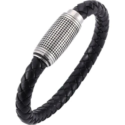 Men Jewelry Bracelet Black Genuine Leather Bracelets Stainless Steel Magnetic Clasp Fashion Wristband Gift BB058