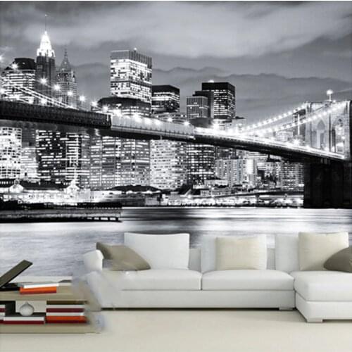 Custom Mural Night View Manhattan Bridge New York European And American Cities Black And White Living Room Backdrop Wallpaper