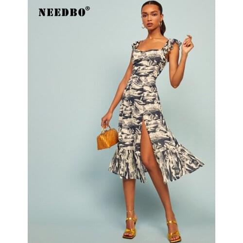 NEEDBO Fashion Floral Print Womens Dress Sexy Sleeveless Party Dresses High Split Elegant Femme Club Dresses 2021