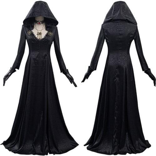 Resident E Village Cosplay Costume Vampire Lady Black Dress Necklace Outfits Halloween Carnival Suit