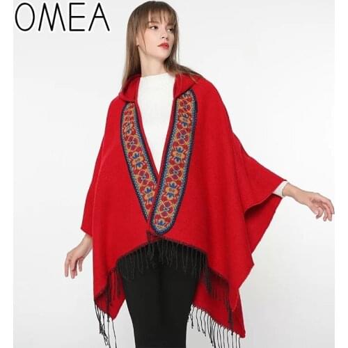 OMEA Designer Women Luxury Poncho and Capes Winter Scarf Hijab Scarf National Style Blanket with Hat Abrigos Mujer Invierno 2019