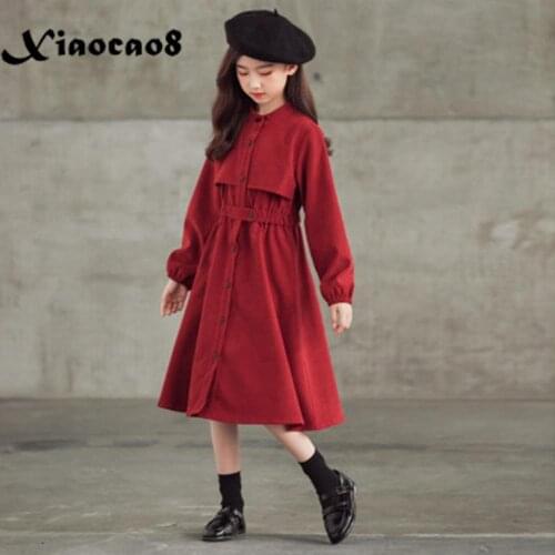 Autumn Spring Teenage Girls Long Sleeve Dress Children Full Shirts Mid-Calf Princess Dress Kids Solid Fall Dresses for Big Girls