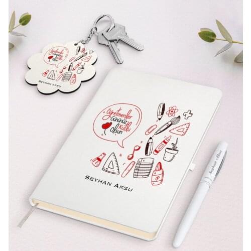 Personalized Teachers Days Happy White Notebook Pen and Keychain Gift Seti-2