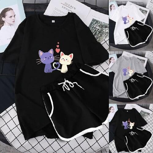 Kawaii Cartoon Cat Love Tracksuit Women Sports Jogging Training Loose Women Running Suit Plus Size Summer Shorts Sportswear Set