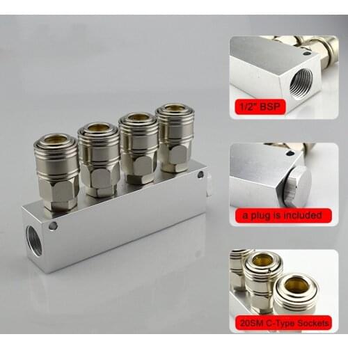 With 20SM C-Type Sockets 27x36mm 1/2" x 1/4" BSP Female 2-10 Ways 4-12 Ports Solid Aluminum Pneumatic Manifold Block Splitter