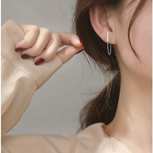 925 Sterling Silver Long Chain Tassel Drop Earring Line Crystal Long Line Bar Pendant Dangle Earring Jewelry For Women Gift