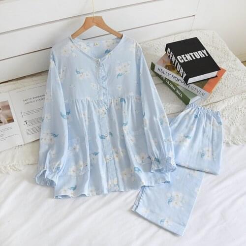 Spring Autumn New Ladies Pajamas Set Print Crepe Cotton Gauze V-Collar Long-sleeve Trousers 2Piece Suit Household Wear For Women