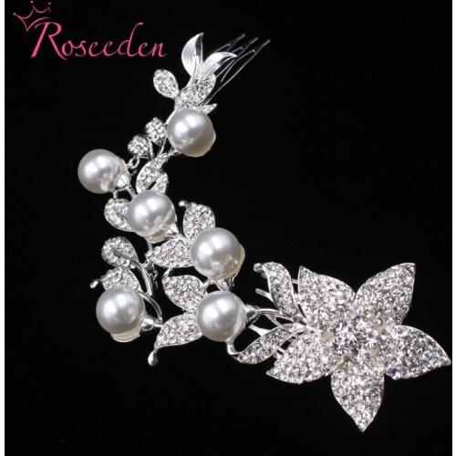 Wedding Hair jewelry Fashion Long Flower kids Hair Comb Silver color Clear Rhinestone pearl Women Bride head Jewelry RE861