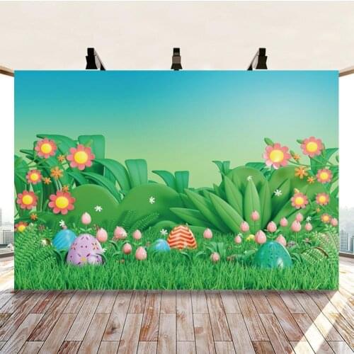 Green Grass Happy Birthday Backdrop Customize Eggs Flowers Kids Cake Table Decor Vinyl Background For Photographer