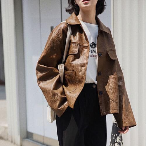 Autumn retro pattern streetwear leather jackets female single breasted BF style pu leather jackets outerwear F58 dropship