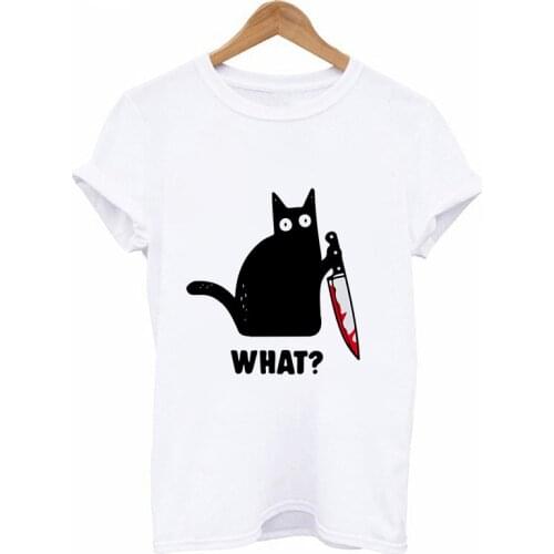 Women Cute Black Cat Printing Fashion Clothes What Letter Print Summer Harajuku Top Tee Shirt Female Short sleeve T-shirt Female