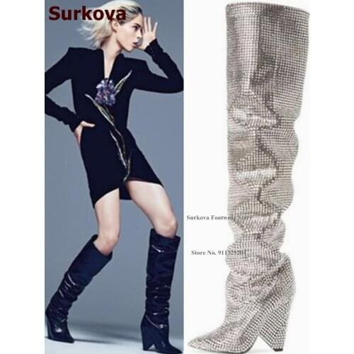 Surkova Tapered Heel Bling Bling Crystal Knee Boots Pointed Toe Glittering Rhinestone Dress Shoes Spike Heel Pleated Boots