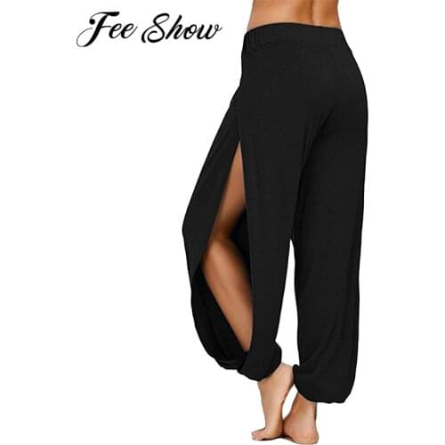 Women High Waist Gym Yoga Sports Pants Wide Elastic Waistband Side High Split Open Legs Harem Pants Leisure Trousers Breathable