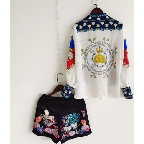 Summer Women 2 Casula Pieces Sets 2021 Designer Beading Diamonds Chian Print Blue Shirt + Black Shorts Holidat Set