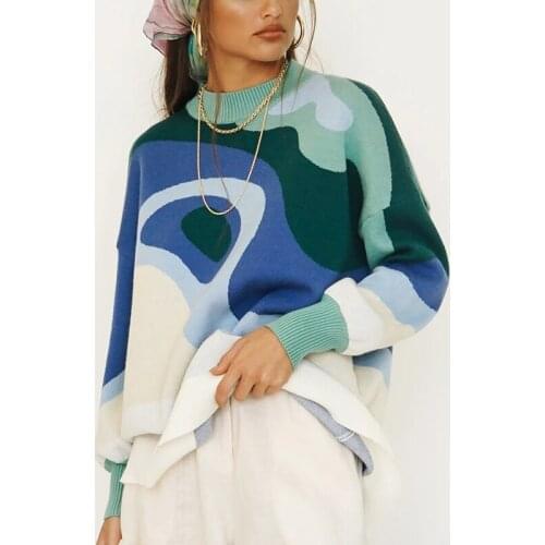 2021 Autumn New Women Chic Printed Sweaters Fashion Batwing Long Sleeve O Neck Jumper Tops Female Fashion Casual Pullovers