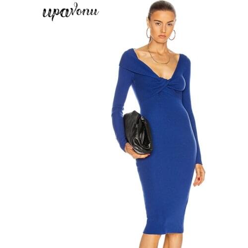 Free Shipping 2021 Summer Blue Bandage Dress Women Sexy V-neck Long Sleeve Bodycon Knee Length Dress Celebrity Club Party Dress
