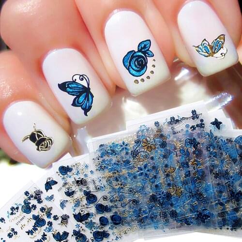 24 Sheets Nail Art Stickers Nail Sticker 3D Gorgeous Blue Romantic Nail Butterfly Stickers Sequins Nail Decals Nail Decoration