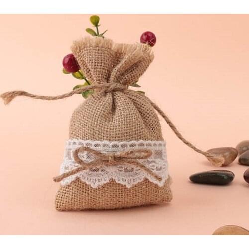 Free shipping 50pcs/lot Natural Hessian Burlap Bags with Lace and Burlap Ribbon Wedding Favor Bags Bridal Shower