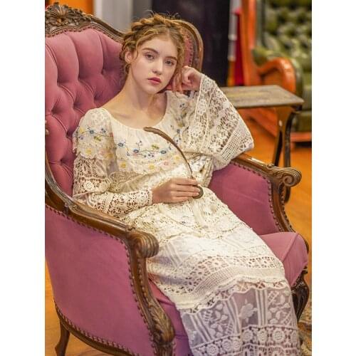 Free Shipping 2019 New Fall Princess Long Nightshirt Lace Nightgown Womens Soft Lace Sleepwear Ladies Embroidery pijamas