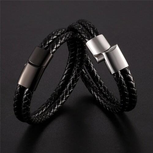 Stainless Steel Bracelet Men Genuine Leather Bracelets Simple Classic Black brown Ladies Bracelet Women Christmas Preferred Gift