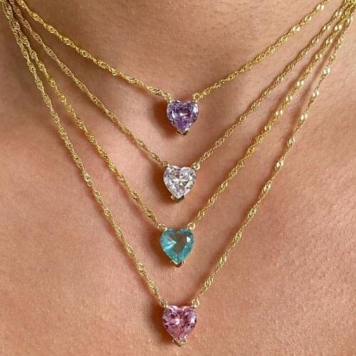 Colorful Crystal Heart Necklaces For Women Stainless Steel Gold Chain Zircon Blue Pink Heart Pendant Necklace Sister Jewelry