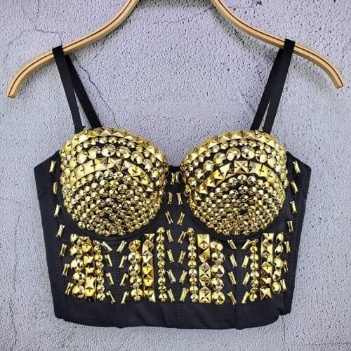 Gold Silver New Unique Gold Rhinestone Gaga Bustier Pearls Diamond Push Up Night Club Bralette Womens Bra Cropped Tube Top D037