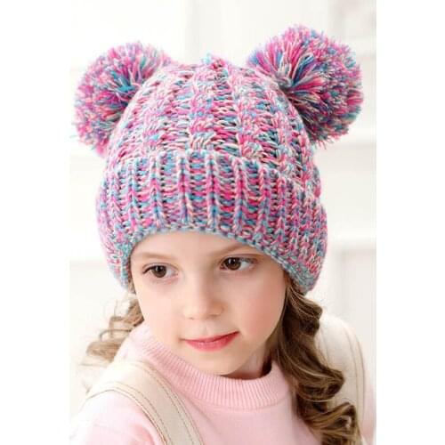 Children Wool Twist Knit Hat Winter Warm Cute Double Hair Ball White Dome Boy Girl New Fashion Black Beanie Hat W066