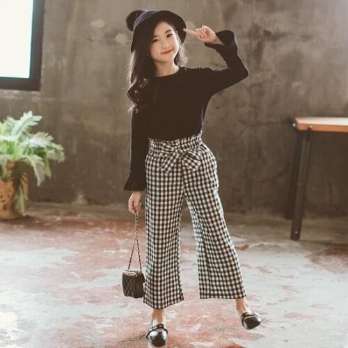 Kids Girls Clothes Sets Long Sleeve T-shirts + Plaid Wide Leg Pants Childrens Clothing baby girl clothes set baby girl clothes