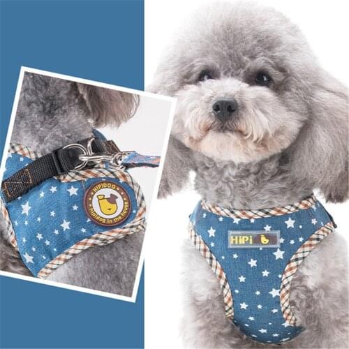 Denim Dog Harness Summer Small Dogs Vests Chest Strap Schnauzer Pomeranian Cartoon Collar And Leash Set Pet Supplies