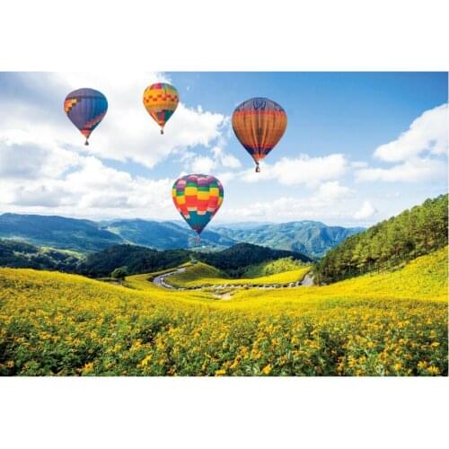 Plants Backdrop Flower Sea and Hot Air Balloon Photography Background Holiday Celebration Photo Booth Studio Decor