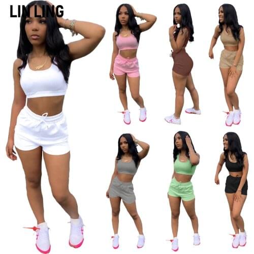 LINLING Summer Female Solid Color Slim Elastic Casual Suit Short Vest With Straight Shorts Running Suit
