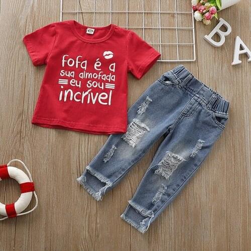 Summer Baby Girl Adorable Letter Print Short Sleeve T-shirt Blouse Denim Pants Casual Outfits Clothes