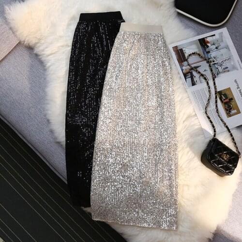 Limiguyue Summer Women Midi Long Skirts Glittering Sequin A-Line Skirt Fashion High Waist Sexy One-Step Faldas Streetwear K1960