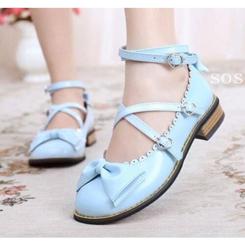 Japanese Sweet Lolita Princess Shoes Cute Bow Low Heel Round Head Black/Pink/White/Blue/Brown/Purple Flat Platform Shoes