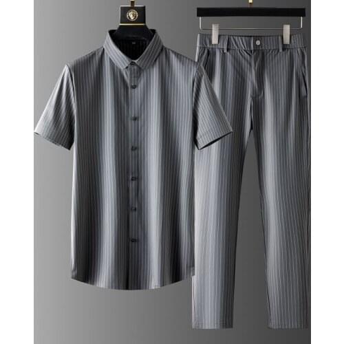 High-end Mens Sets Light Luxury Shirt Casual Suit 2021 Spring Summer Thin Vertical Stripe Silk Business Two Piece Pants Genuine