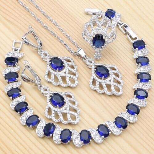 925 Sterling Silver Jewelry Sets Blue Cubic Zirconia For Women Party Accessories Earring/Pendant/Necklace/Bracelet/Ring