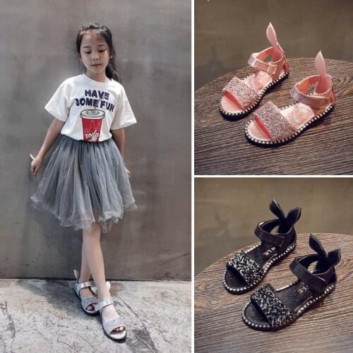 2020 New Summer Korean Childrens Shoes Rabbit Ears Rhinestone Sequins Soft Bottom Princess Shoes Baby Girls Sandals