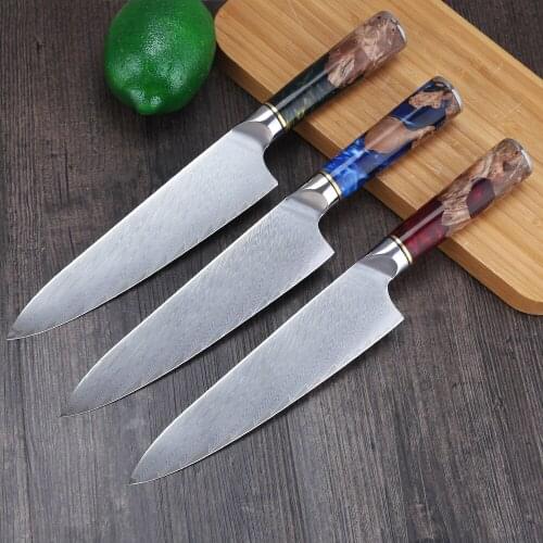 8 Inch Kitchen Knives Damascus Steel VG10 Chef Knife Cleaver Paring Bread Knife Blue Resin and Color Wood Handle Cooking Tools