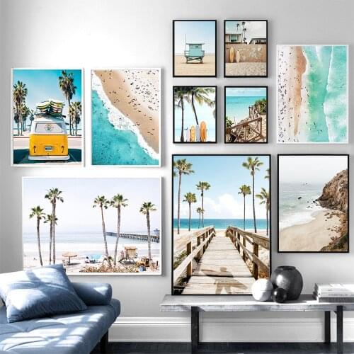 Landscape Canvas Painting on The Wall Beach Wood Bridge Viewscape Wall Art Yellow Bus Poster for Home Decor
