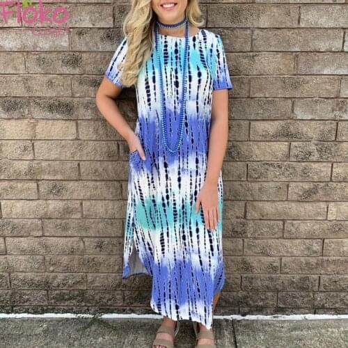 Flokocloset Tie Dye Print O-Neck Short Sleeve Loose Maxi Dress Women Casual Long Dress Side Splited Robe with Pocket