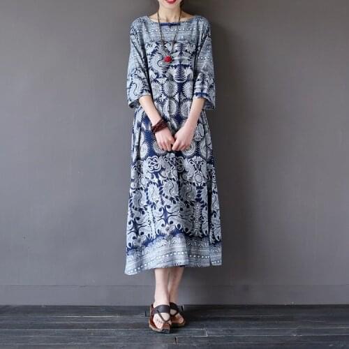 Women Summer Autumn Retro Cotton Linen Handmade Button Loose Dress Round neck Half Sleeve Pattern Mid Calf Length Robe Dress