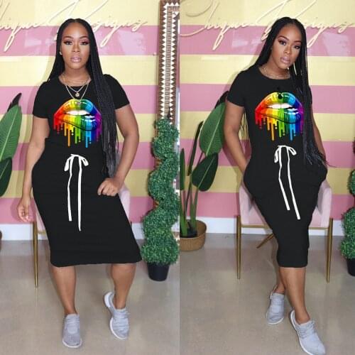 Casual Drawstring Waist Long Dress with Pockets Short Sleeve O Neck Sundresses Fashion Printed Lip Y2k Summer Streetwear Dress