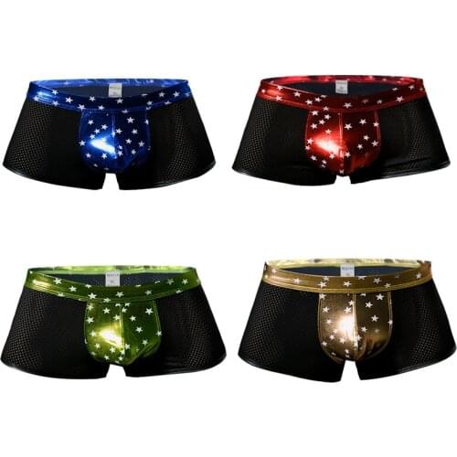 Sexy Men Underwear Mesh Shiny PU Leather Patchwork Boxer Shorts Bulge Pouch Trunks Bikini Boxershorts lenceria Gay Panties