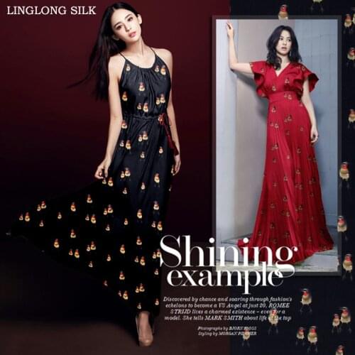 PRINTED SILK CHIFFON 135cm width 8momme/100%Pure Silk Fabric Print Bird Pattern Wholesale Chiffon Fabric for wedding decoration