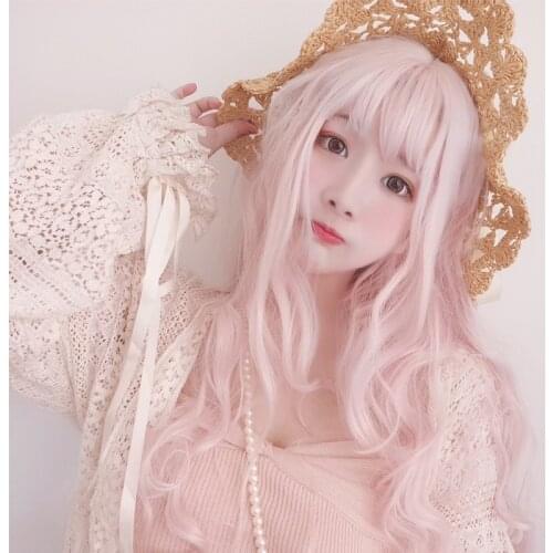 Allaosify Synthetic Long Curly Wig with Bangs Pink Blonde Gray Green Water Wave Wigs for Women Suitable for Lolita Cosplay
